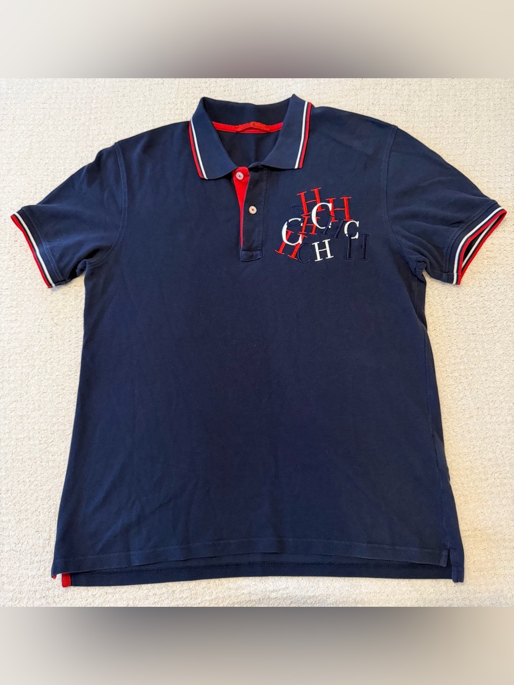 Carolina Herrera Layered Embroidered Logo Navy Blue Cotton Polo Shirt Size L